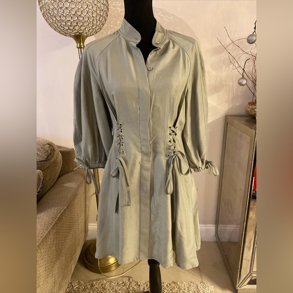 Zimmermann Sage Green Puff Sleeve Lace-Up Waist Dress - Picture 5 of 8